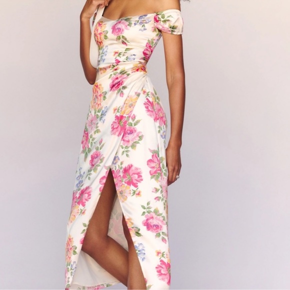 Reformation Beige Floral Genesis Off The Shoulder Back Smoking Silk Dress size 8 - Picture 3 of 13